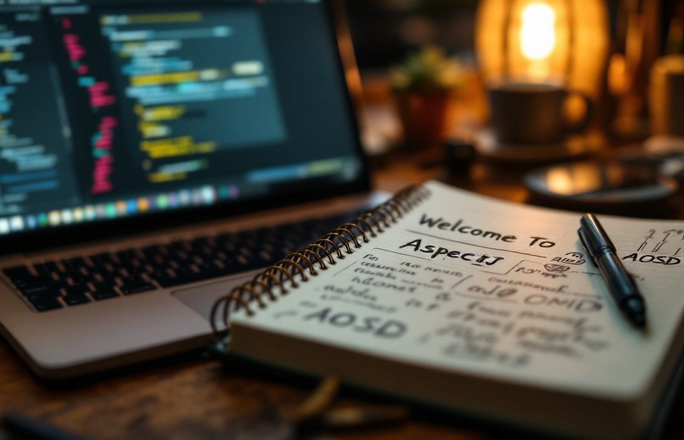 Notes and a laptop for learning the basics of AOSD
