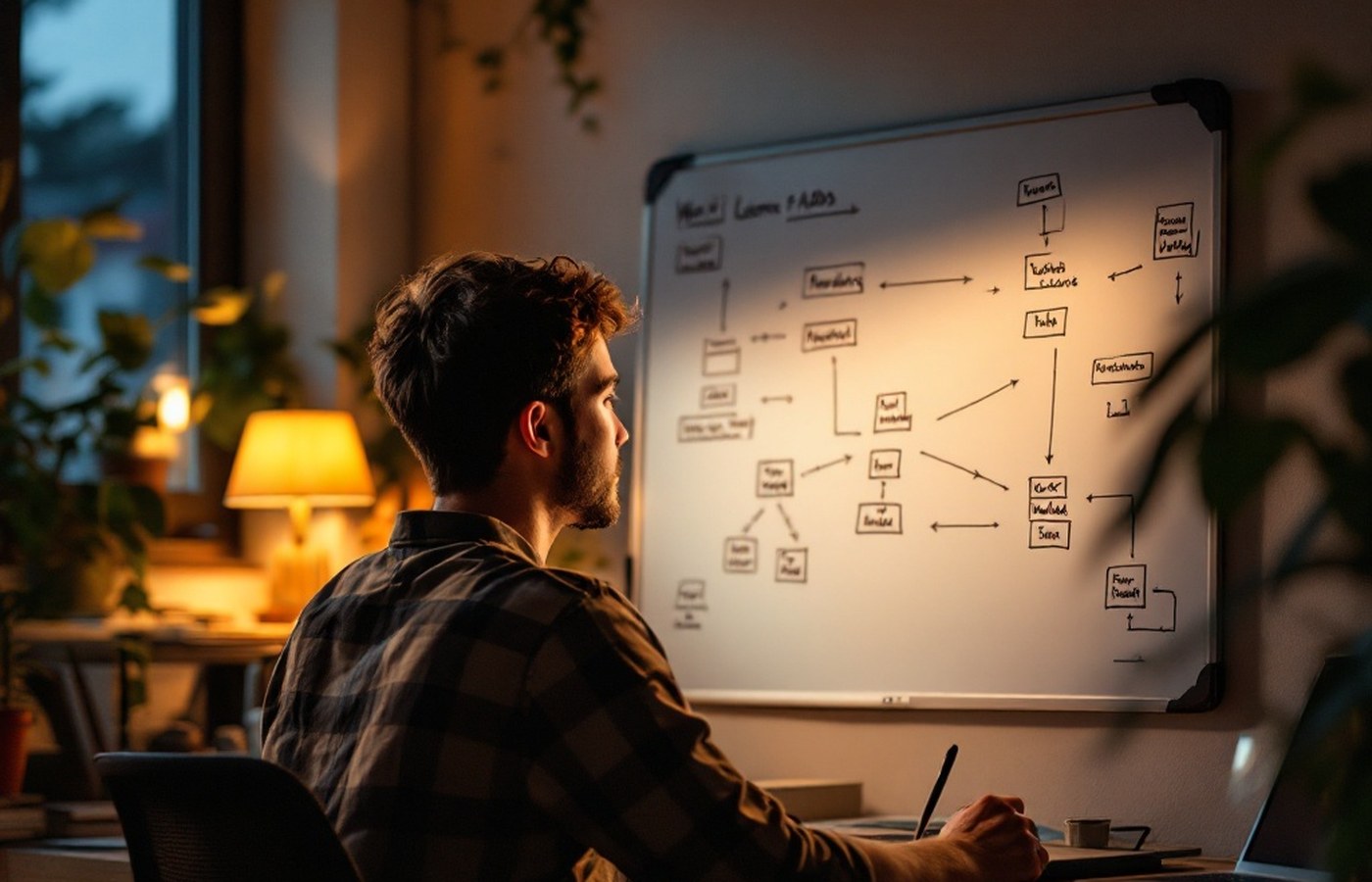 A programmer studying software diagrams on a whiteboard