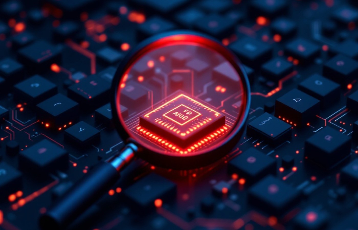 A magnifying glass isolating one faulty module among many