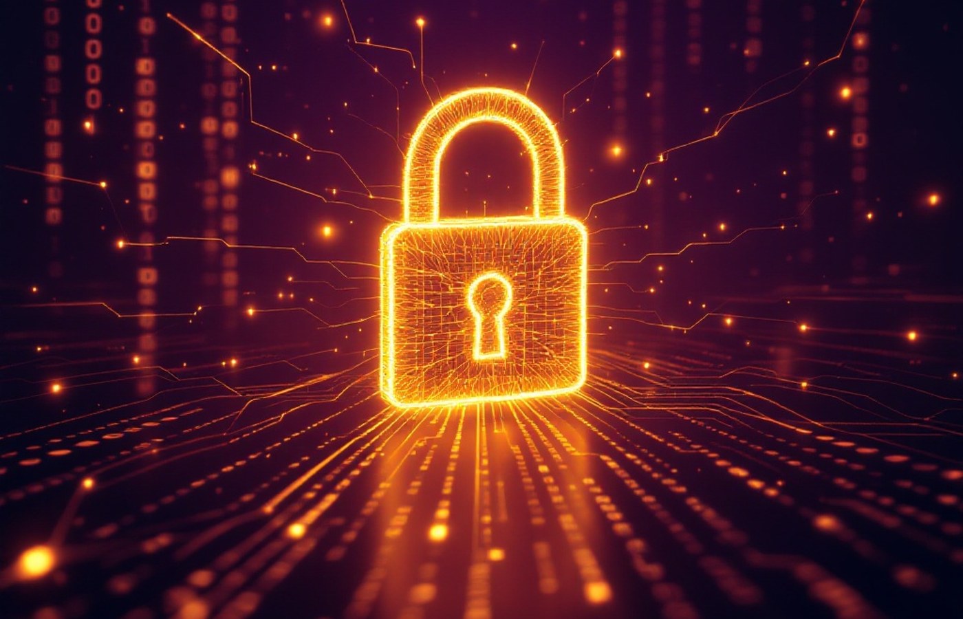 A padlock of light above rows of code