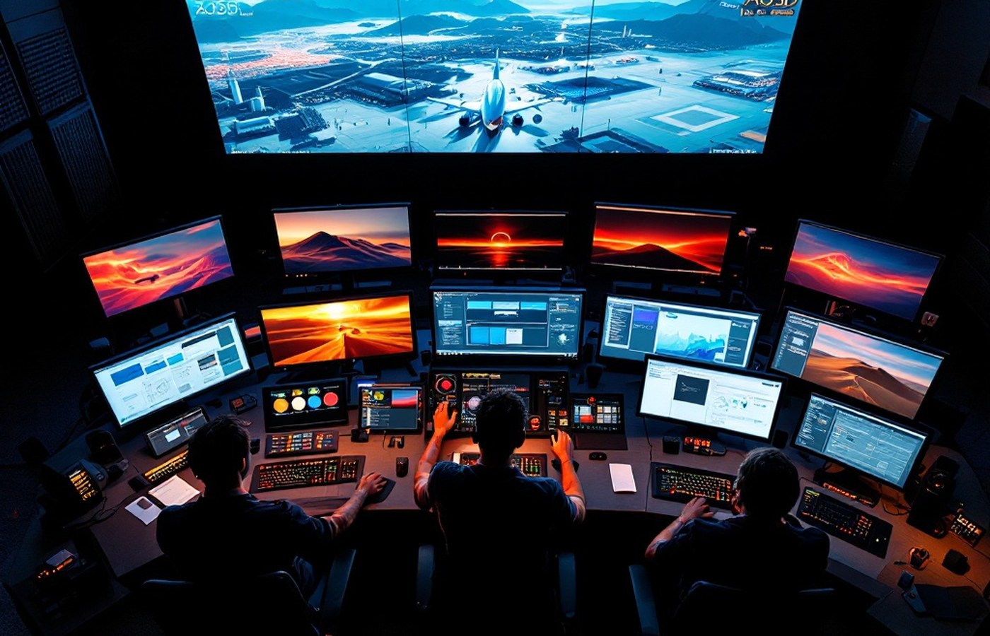 A software operations control room with monitoring screens