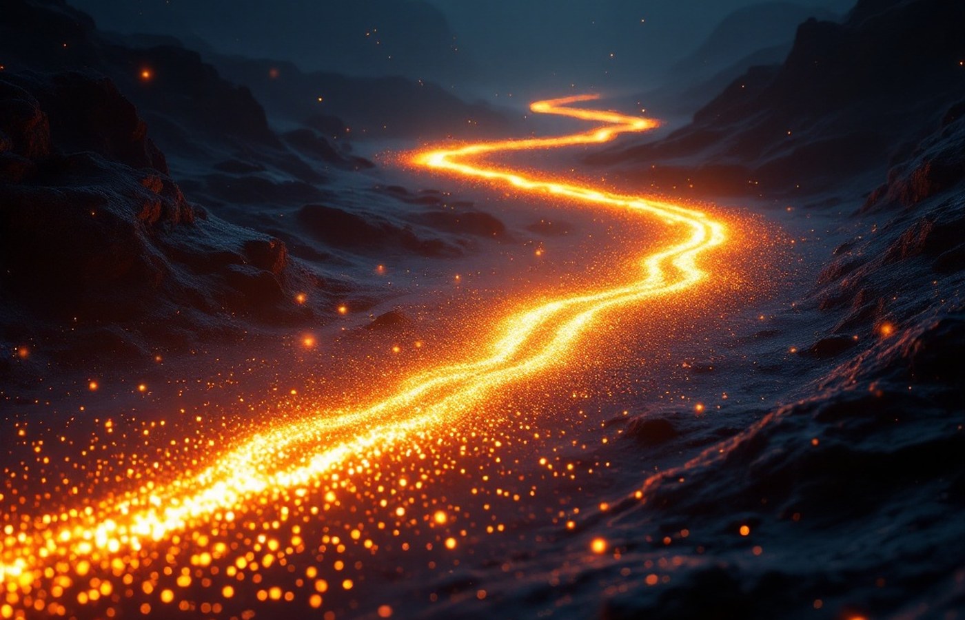 Two streams of light merging into one braided river