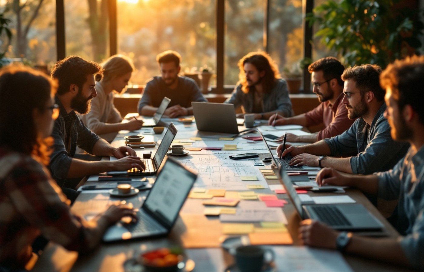 Programmers collaborating around a shared table